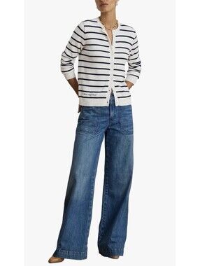 New Lauren Ralph Lauren Striped Cotton Cardigan In White Black Size XS $298
